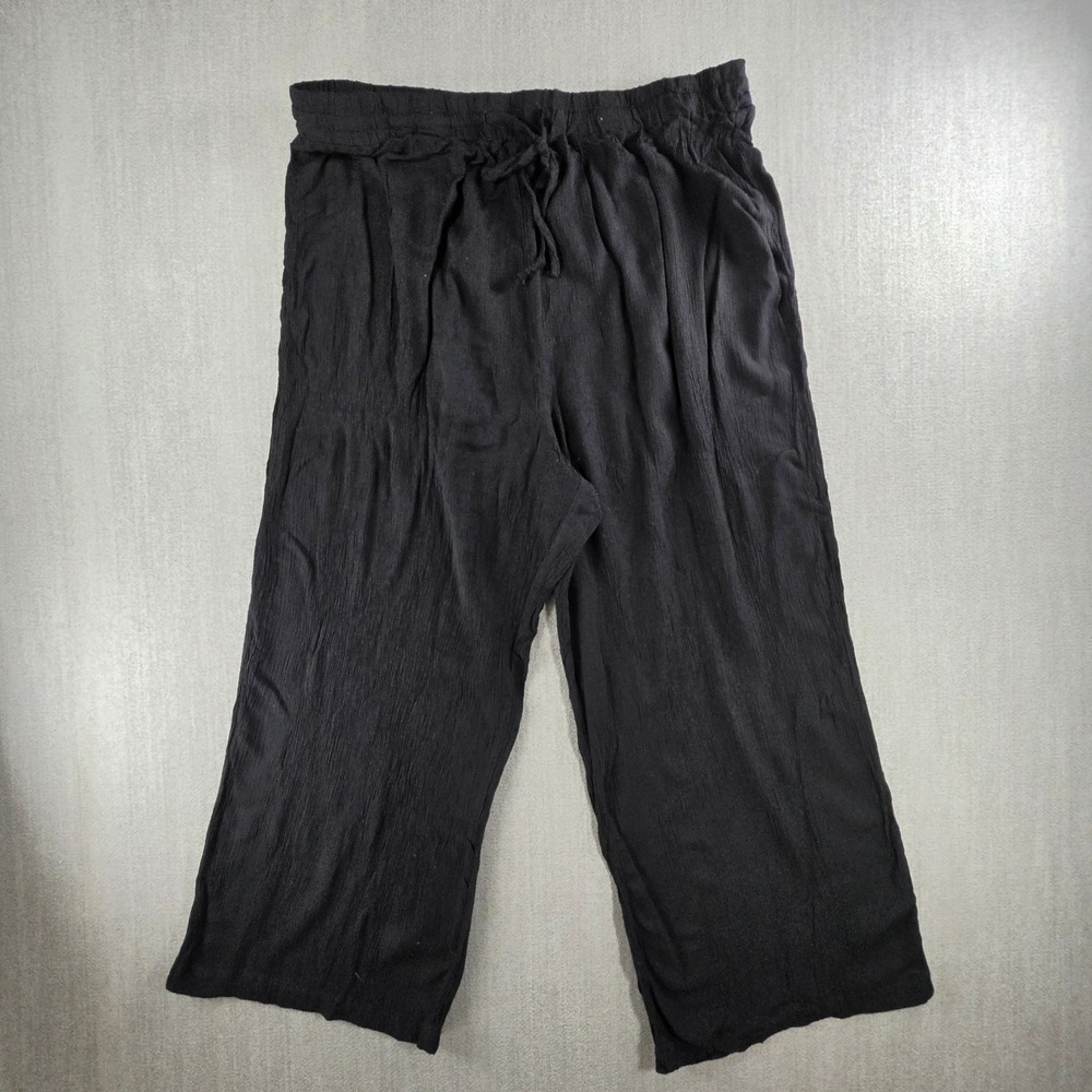 Robert Louis Pants Women XL Black Rayon Wide Leg Crinkle Gauze Drawstring Casual